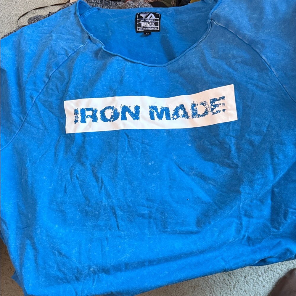 Blue Graphic Tee with 'Iron Made' Print